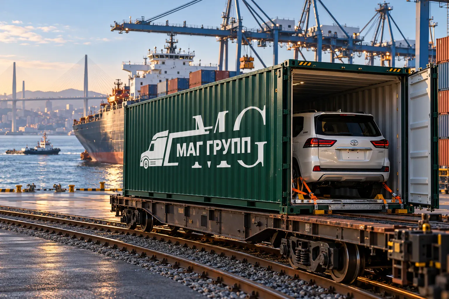 Контейнер МАГ ГРУПП с автомобилем в порту Владивостока